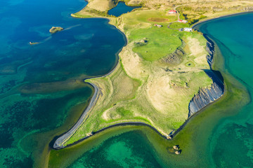 volcanic craters in Iceland aerial view from above, Myvatn lake