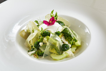 Restaurant Plate of Green Salad with Avocado, Cucumber, Spinach, Celery and Cucumber Jelly