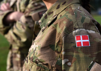 Woman soldier. Woman in army. Flag of Denmark on soldiers arm. Denmark military uniform. Danish troops