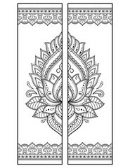 Printable bookmark  - coloring. Set of black and white labels with lotus flower patterns, hand draw in mehndi style. Sketch of ornaments for creativity of children and adults with colored pencils.