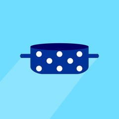 Blue cooking saucepan icon with long shadow. Boil or stew food symbol. Vector flat illustration with blue background.