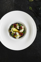 Exquisite Serving White Restaurant Plate of Black Risotto with Octopus, Cuttlefish or Squid Meat Top View