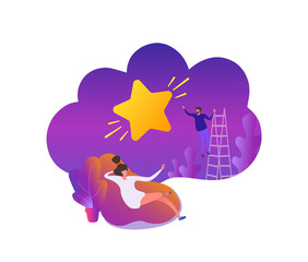 A young man performs a feat for a girl, pulls a star from the sky. Flat scene cartoon illustration vector style.