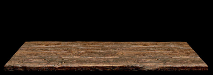 Perspective view of wood or wooden table top isolated on dark black background with shallow depth...