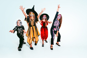 Kids or teens like witches and vampires with bones and glitter on white background. Caucasian models looks scary and playful. Halloween, black friday, sales, autumn holidays concept. The night of fear