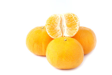 Fresh mandarin orange and peeled fruit isolated on white background