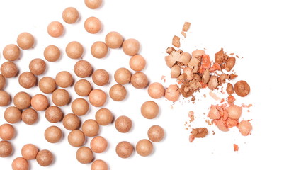 Face powder makeup, blusher balls, isolated on white background, top view