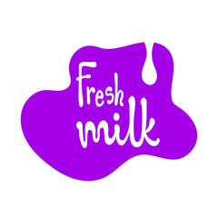 Fresh milk hand drawn lettering white silhouette on a violet cow spot background with milk drop. Rough doodle style vector illustration.