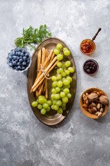 Food still life on vintage plate, food above