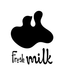 Fresh milk hand drawn lettering and black cow spot with milk drop. Rough doodle style vector illustration applicable for logo and package design.