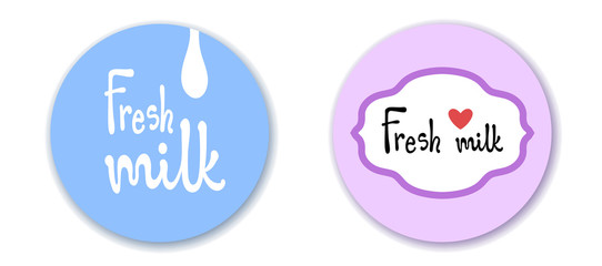 Fresh milk hand drawn lettering white silhouette set on a blue and violet circle background and milk drop. Rough doodle style vector illustration.
