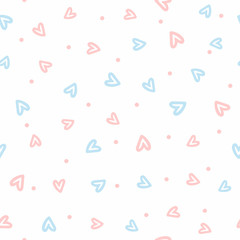 Cute seamless pattern with scattered hearts and round spots. Doodle, sketch, drawn by hand. Romantic vector illustration. White, blue, pink.