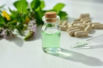 Herbal medicine, phytotherapy, homeopathy concept, fresh herbs, pills, small bottle with extract