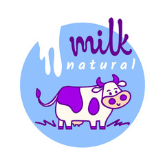 Standing spotted cute cow in blue and violet pastel colors in line cartoon style with 