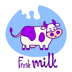 Standing spotted cute cow in blue and violet pastel colors in line cartoon style with "Fresh milk" lettering and milk drop. Hand drawn, isolated vector illustration, Eps 10.