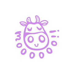 Vector illustration, line cartoon smiling violet cow face. Hand drawn, isolated. With "MOO!!" lettering. Applicable for package, poster, label designs, banners, flyers etc.