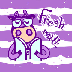 Vector illustration, line cartoon cow wearing glasses and reading book. Hand drawn, isolated. "Fresh milk" lettering. Violet colors. Applicable for package, poster, label designs, banners, flyers etc.