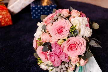 beautiful delicate bouquet of pink and white roses,