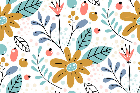 Fototapeta Seamless pattern with creative decorative flowers in scandinavian style.