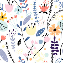 Floral seamless pattern with creative flowers and decorative elements in scandinavian style.