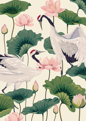 Plakaty  dwa japońskie żurawie i różowy lotos