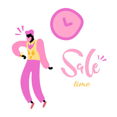 Vector illustration, trendy flat cartoon man with beard looking surprised on the wrist watch. 