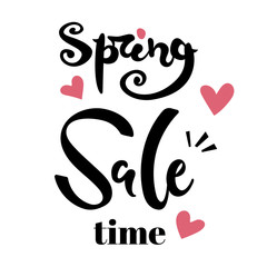 Vector, illustration, spring sale time black lettering with red hearts. Isolated on a white background.