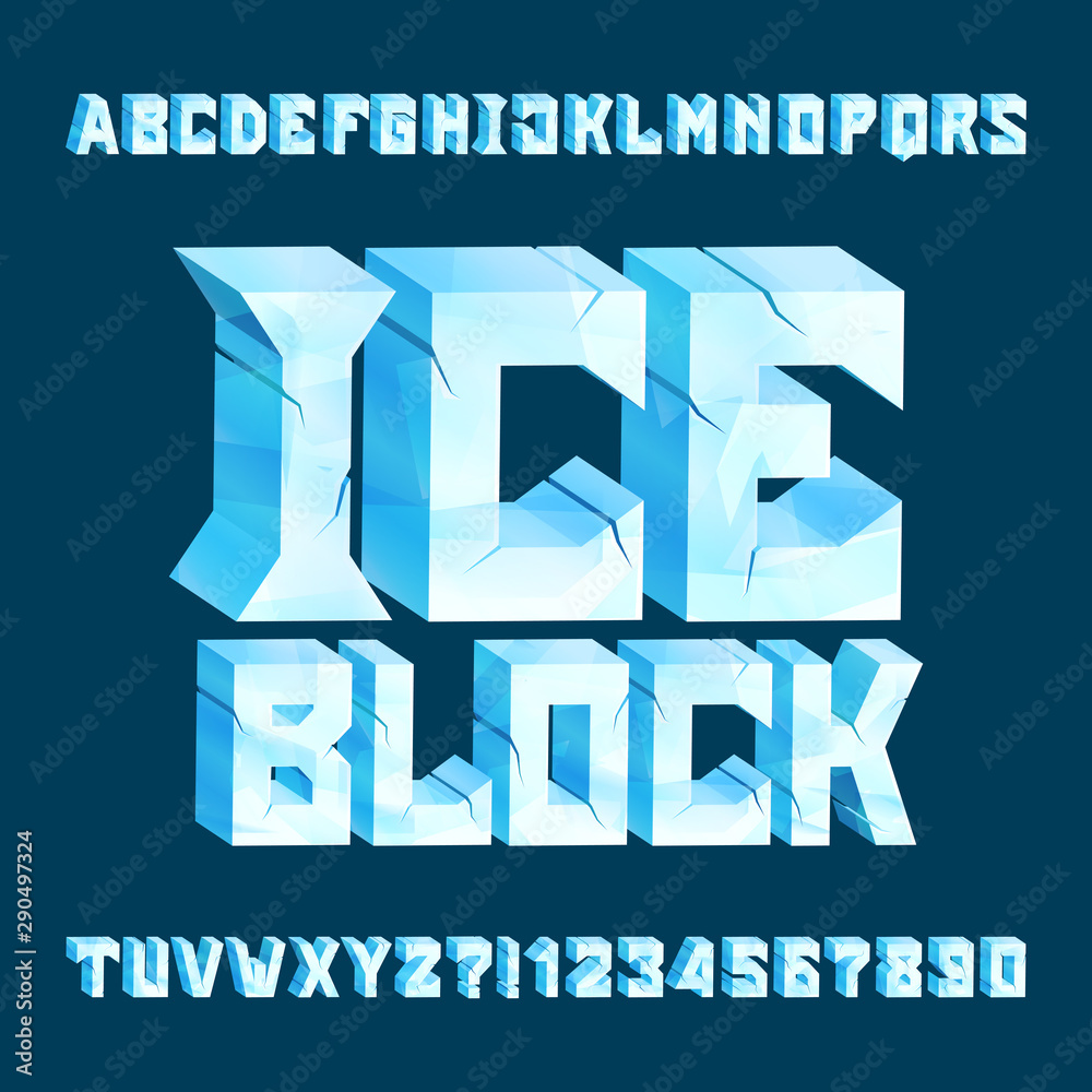 Fototapete Ice Block alphabet font. 3D ice cracked letters and numbers. Stock vector typeface for your typography design.