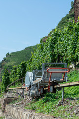 Special machine equipment for works on terraced vineyards in Mosel river valley, Germany,...