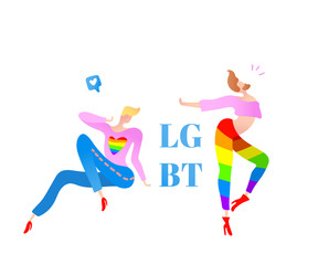 Fototapeta na wymiar Vector colorful illustration, trendy gay men on heels with LGBT text. Flat cartoon style, isolated. Applicable for LGBT, transgender rights concepts, logos, flyers, etc.