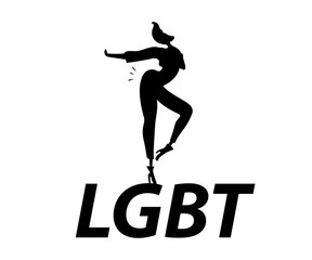 Vector illustration, trendy gay man on heels with LGBT text. Black isolated silhouette. Applicable for LGBT, transgender rights concepts, logos, flyers, brochures , etc.