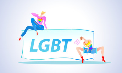 Vector colorful illustration, trendy gay men on heels with table and LGBT text. Flat cartoon style, isolated. Applicable for LGBT, transgender rights concepts etc.