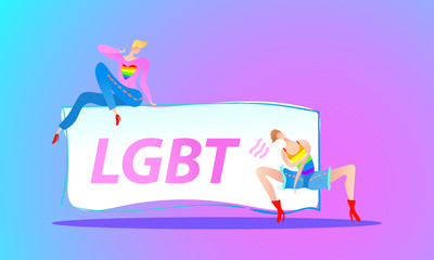 Vector colorful illustration, trendy gay men on heels with a table and LGBT text. Flat cartoon style, neon background. Applicable for LGBT, transgender rights concepts, flyers, brochures, etc.