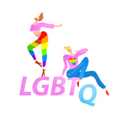 Vector colorful illustration, trendy gay men on heels with LGBTQ text. Flat cartoon style, isolated. Applicable for LGBT, transgender rights concepts, logos, flyers, etc.
