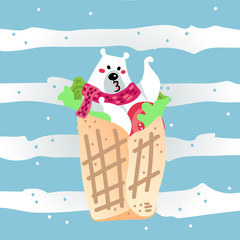 Vector illustration, funny kissing polar bear in the spring roll with tomato and green salad. Flat cartoon style. Applicable for arctic food concepts.
