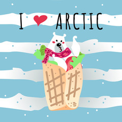 Vector illustration, funny kissing polar bear in the spring roll with tomato and green salad. Flat cartoon style, with text 