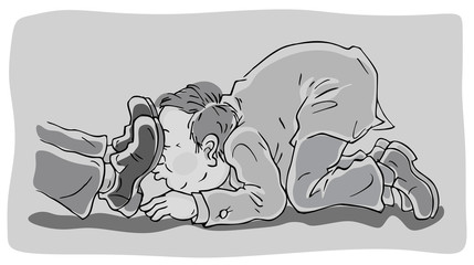 Toady creeping and licking boots of his boss, vector illustration in a cartoon style - obrazy, fototapety, plakaty