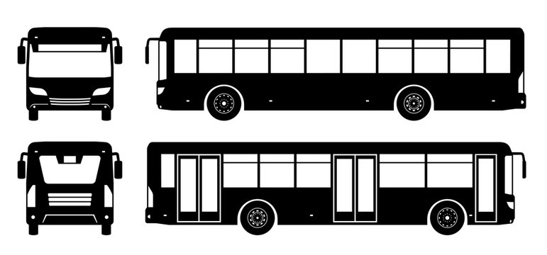 City bus silhouette on white background. Vehicle icons set view from side, front, and back