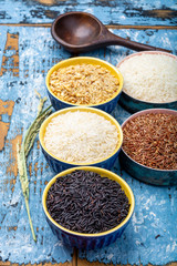 Different types of rice, white basmati, jasmine, arborio, brown and black