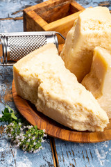 Cheese collection, hard italian cheese, aged parmesan and grana padano cheese