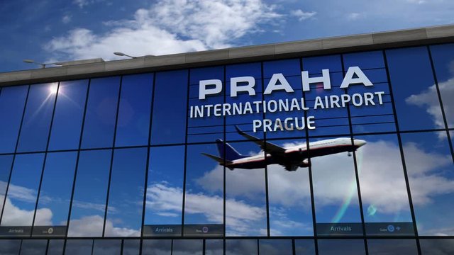 Jet aircraft landing at Praha (Prague in Czech), Czech Republic 3D rendering animation. Arrival in the city with the glass airport terminal and reflection of the plane. Travel, business and tourism.