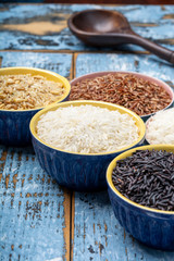 Different types of rice, white basmati, jasmine, arborio, brown and black