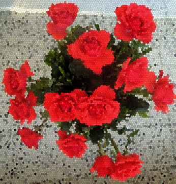 Multiple beautiful opened red roses in mosaics