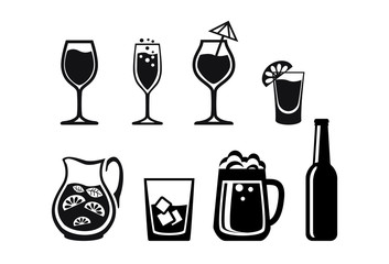 Alcohol drinks beverage line icons set, black alcohol icons - whisky, cognac, red wine, champagne, cocktail, beer