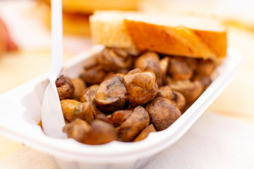 Vegetarian street food in Germany, roasted champignon mushrooms with sour cream and bread