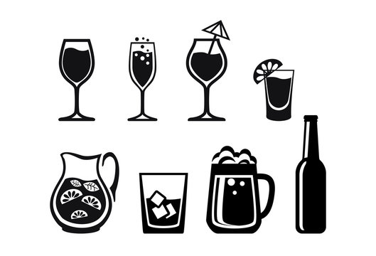 Alcohol Drinks Beverage Line Icons Set, Black Alcohol Icons - Whisky, Cognac, Red Wine, Champagne, Cocktail, Beer