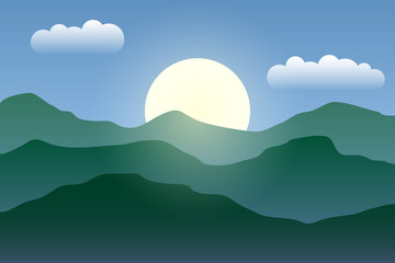 Illustration of the sunrise in the mountains. Misty landscape.