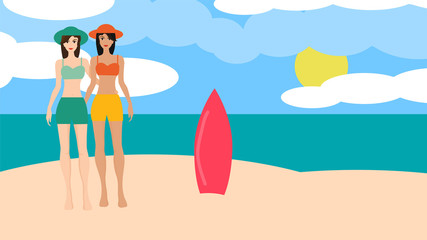 beach, sea, summer, ocean, water, sand, sky, tropical, woman, blue, illustration, sun, travel, vacation, island, holiday, coast, nature, sunny, landscape, hot, relax, beautiful, young, relaxation