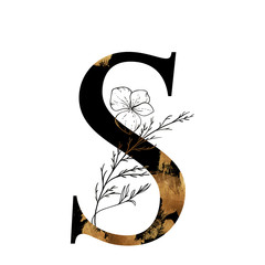 Exquisite nautical font with golden texture, flowers and sea elements. Letter S. Illustration. Perfect for wedding monograms or logo.