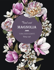 Floral greeting card with bouquet of watercolor magnolia, peonies and apple blossom